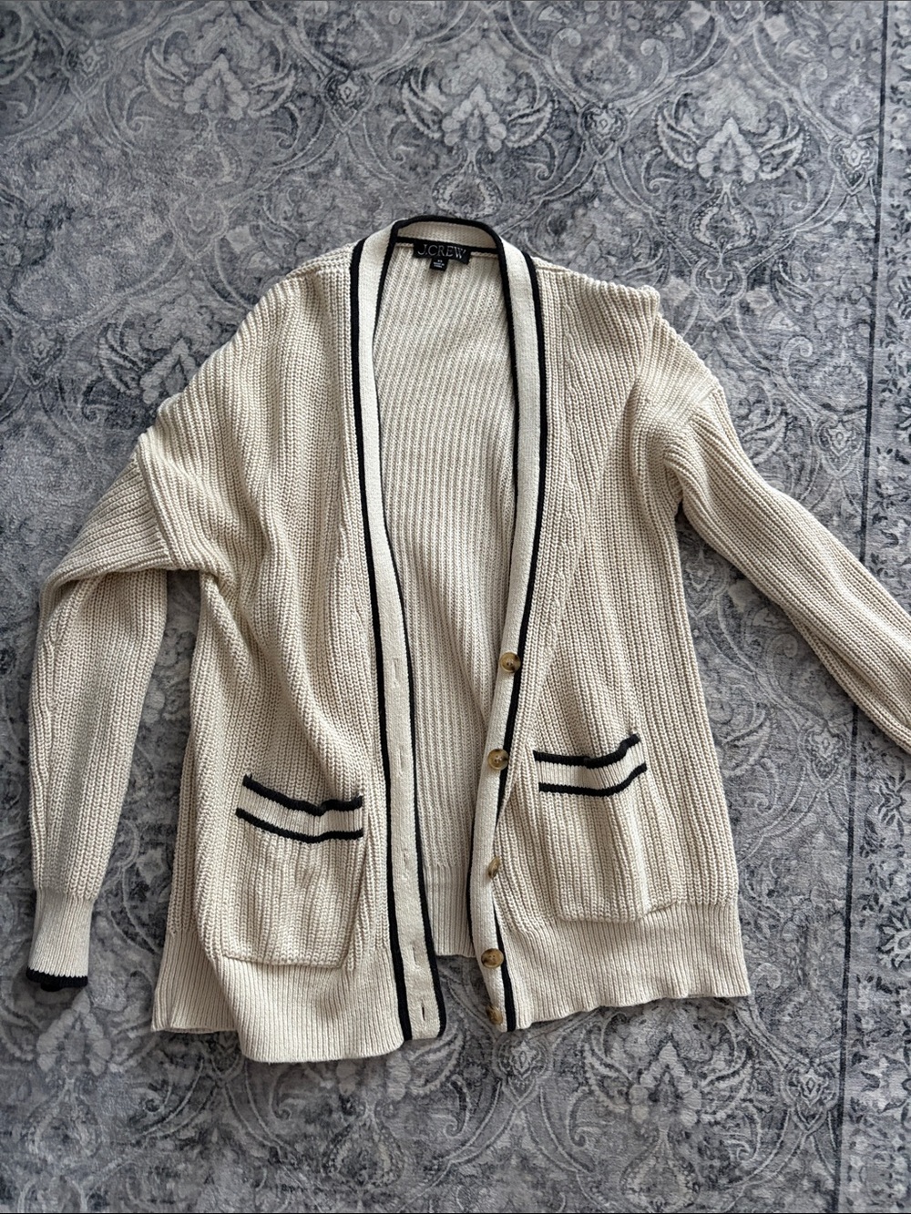 J. Crew Cream Open-Front Cardigan with Black Trim